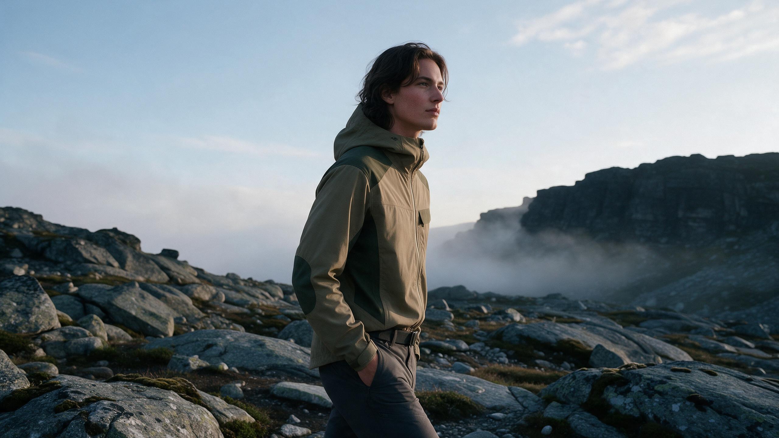 Hiker wearing a khaki and olive outdoor jacket on rocky terrain